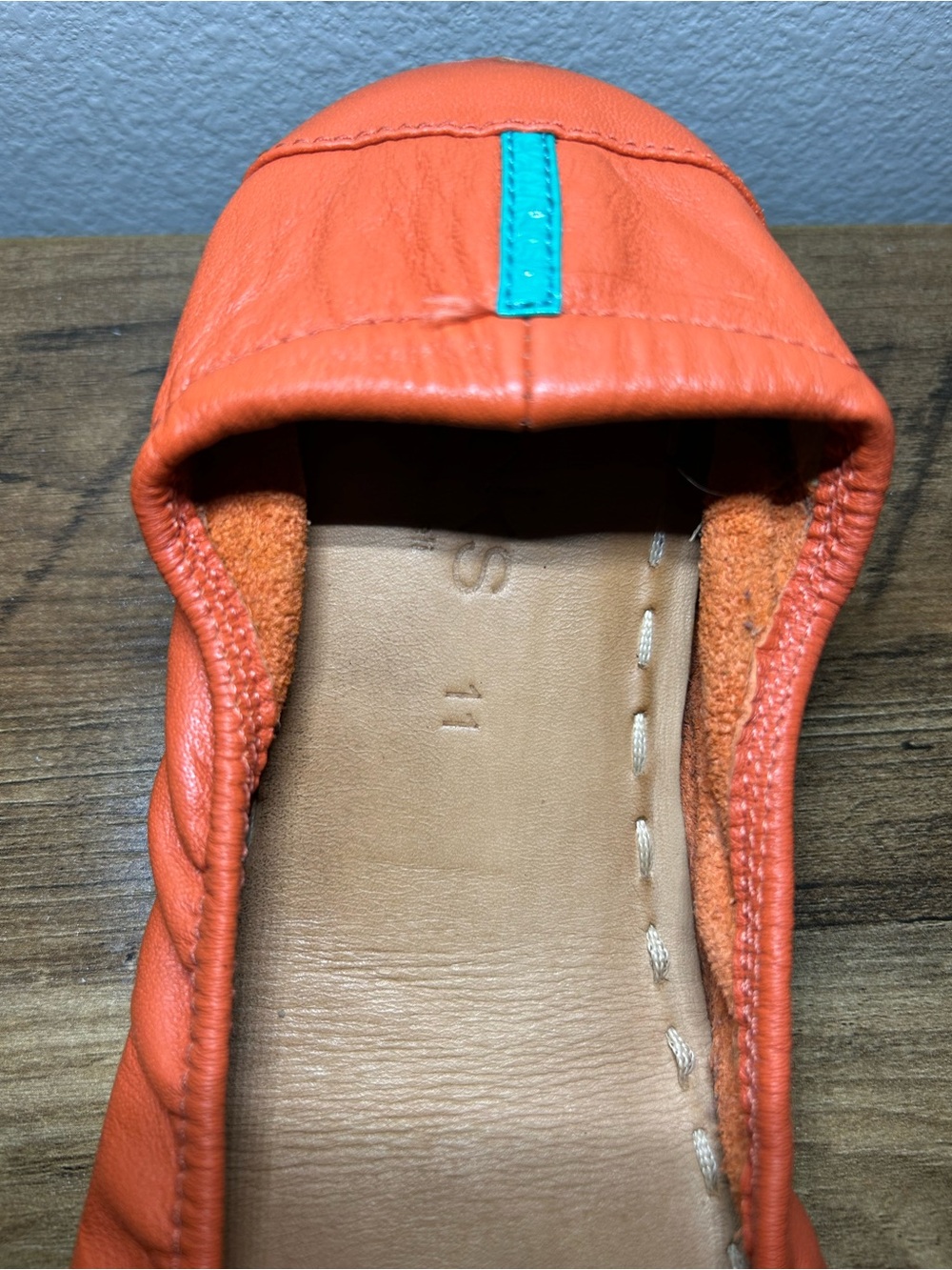 Tieks Orange Leather Ballet Flats with Teal Accent - Picture 6 of 7